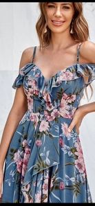 Cold shoulder high low hem floral dress